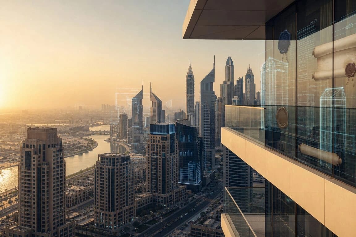 Business Bay Dubai canal and tower cluster at golden hour