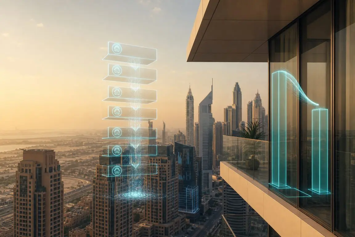 Dubai residential tower with service charge and net yield data overlays