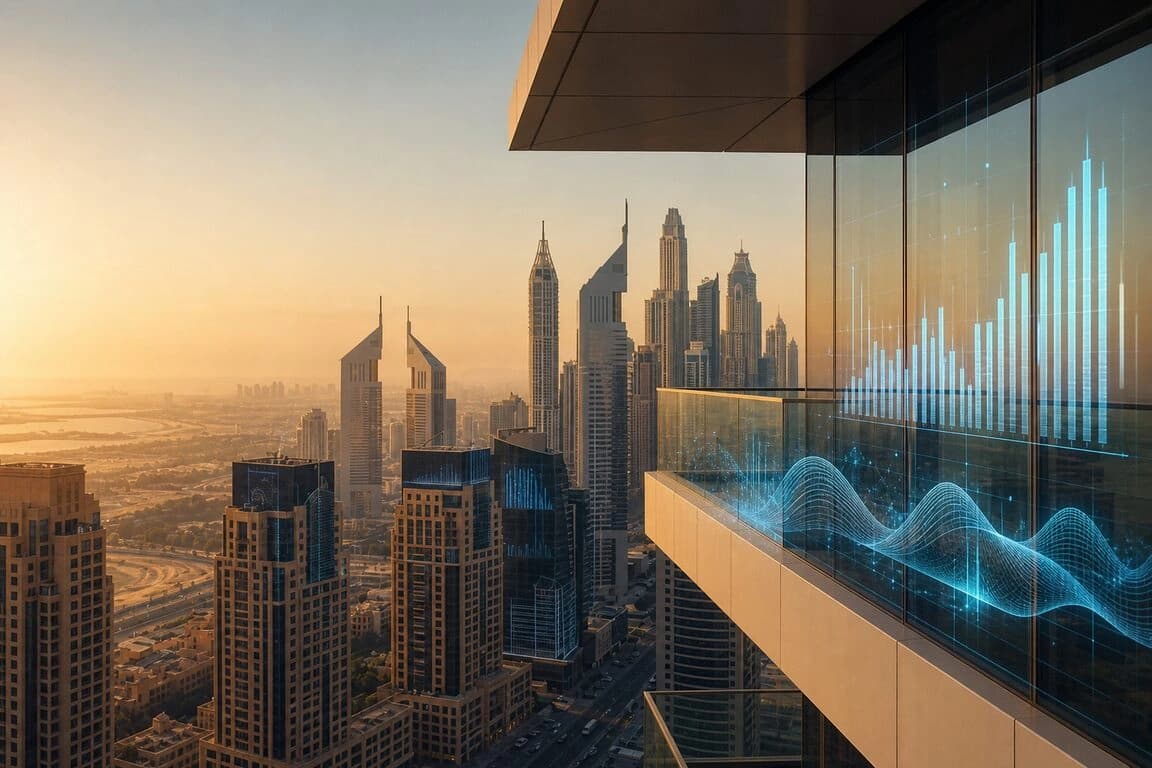 Dubai tower transaction volume visualization on glass balcony