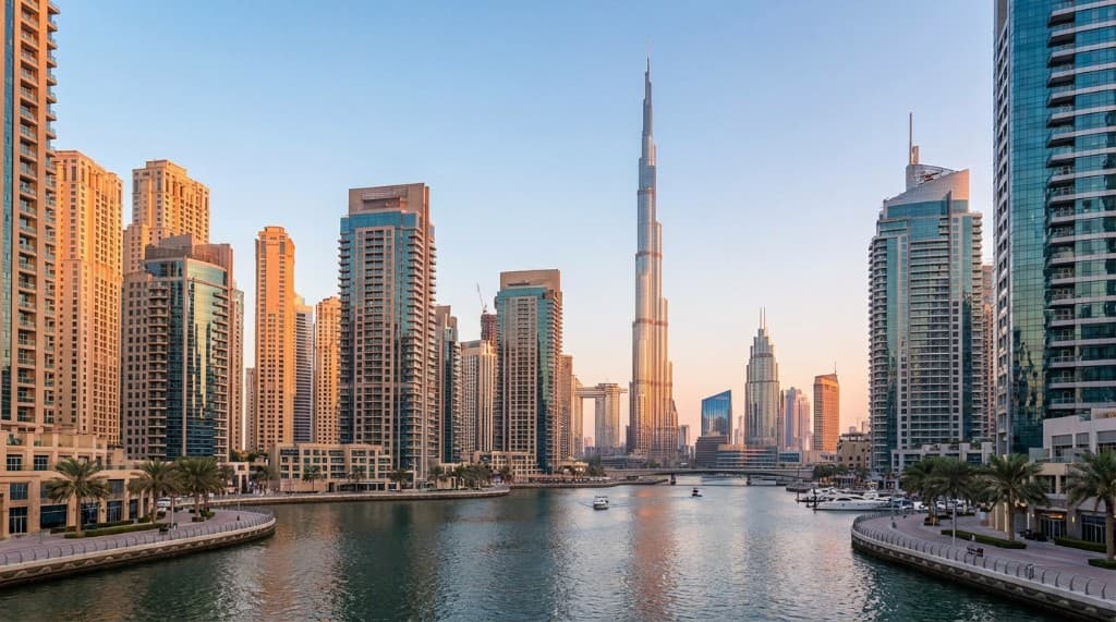 Dubai skyline at golden hour — Marina and Burj Khalifa