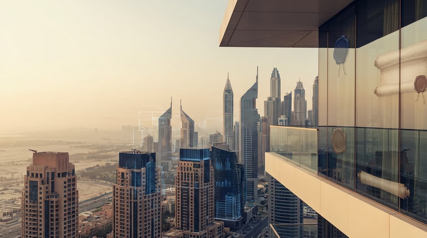 迪拜房产投资指南封面 — 天际线与数据分析