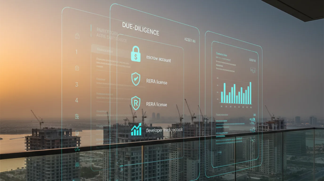 Dubai off-plan due diligence checklist on luxury balcony overlooking towers