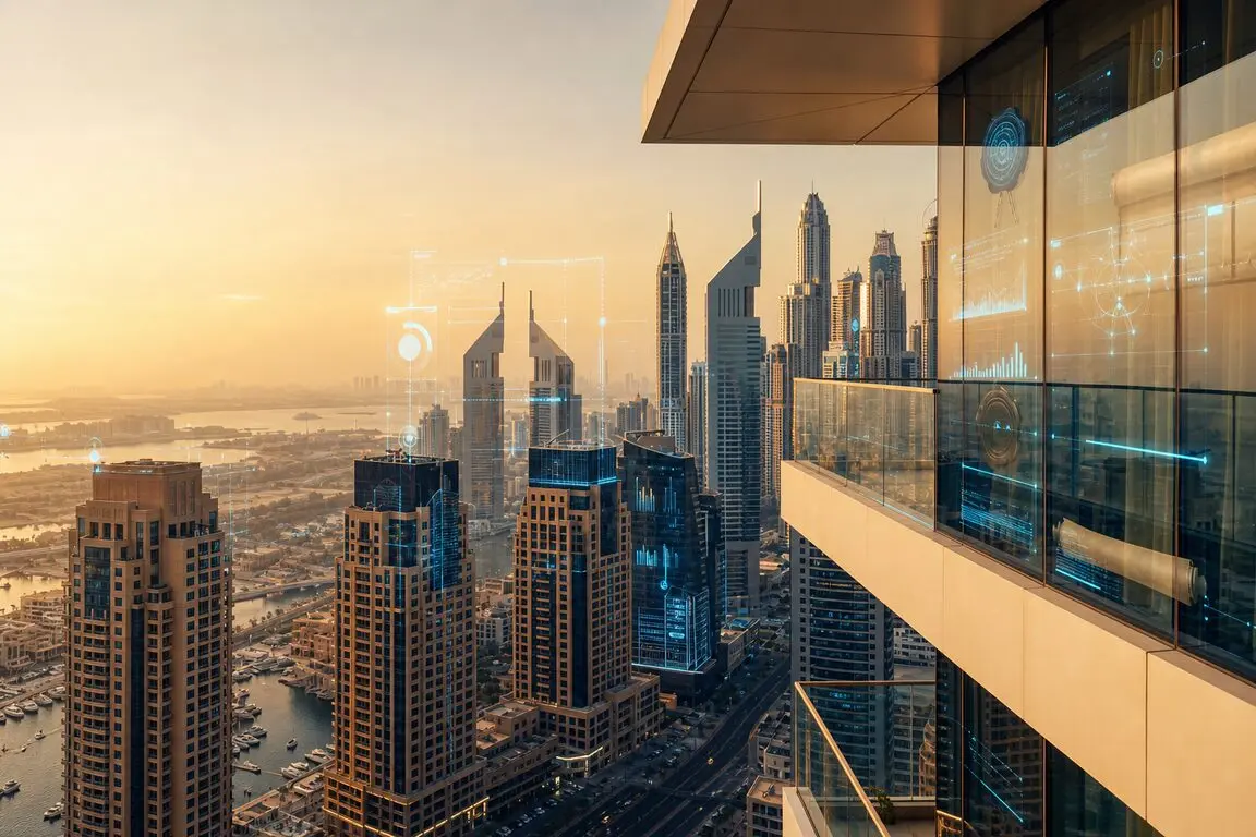 Dubai Marina waterfront towers and yacht basin at sunset