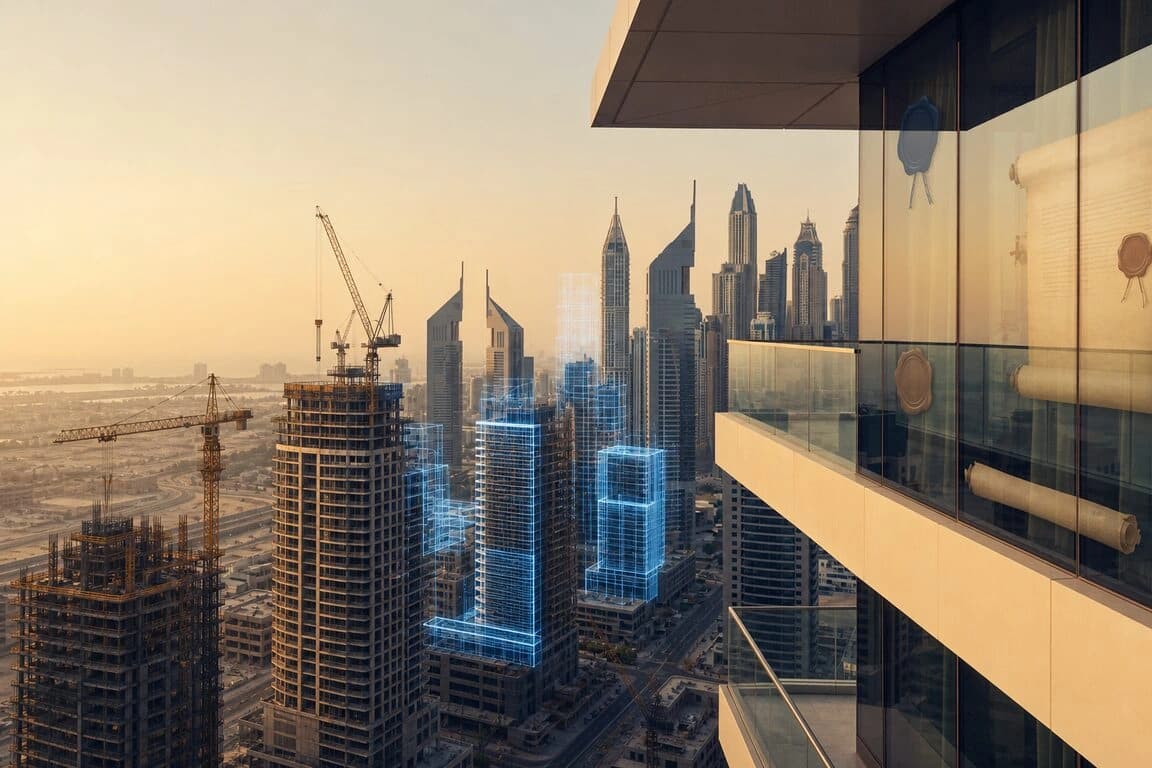 Dubai off-plan towers with escrow and RERA checklist overlays