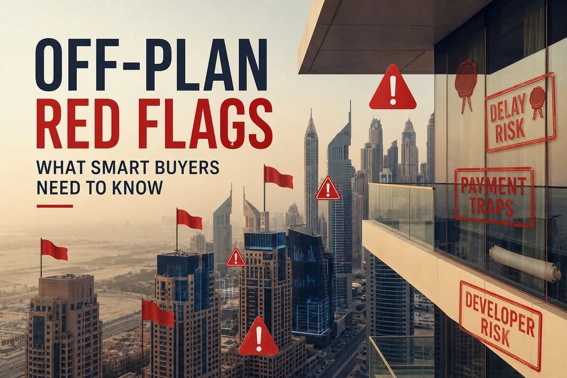 Dubai off-plan construction skyline with due diligence warning overlays