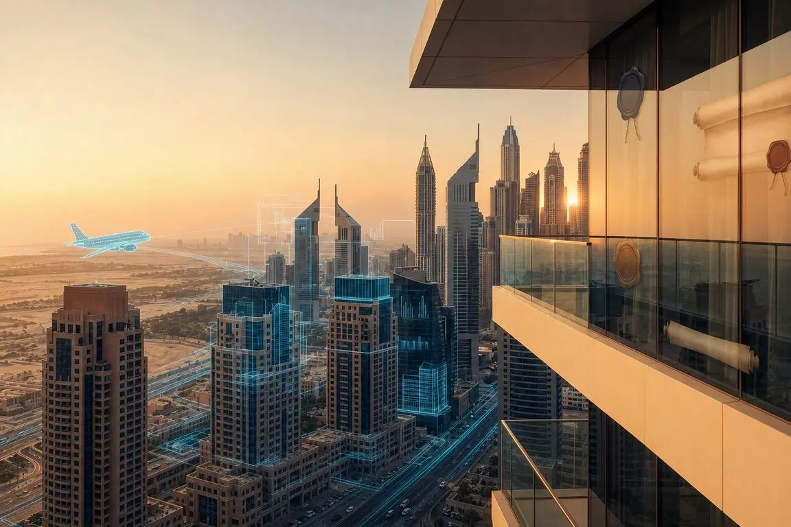 Dubai South and Expo corridor towers with infrastructure overlays