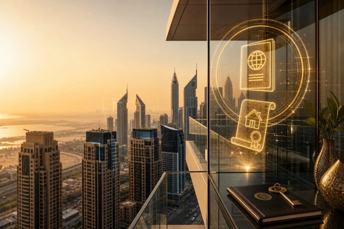 Dubai luxury property with Golden Visa residency document overlays
