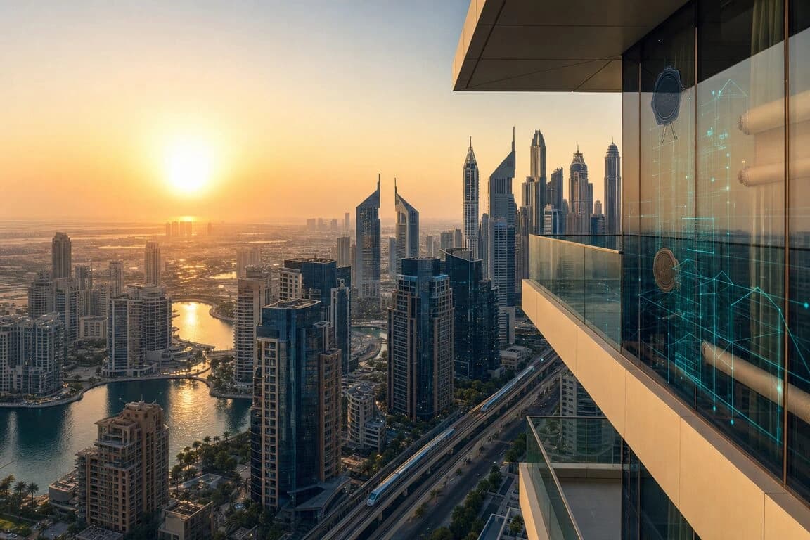 Jumeirah Lakes Towers Dubai skyline with lake and metro