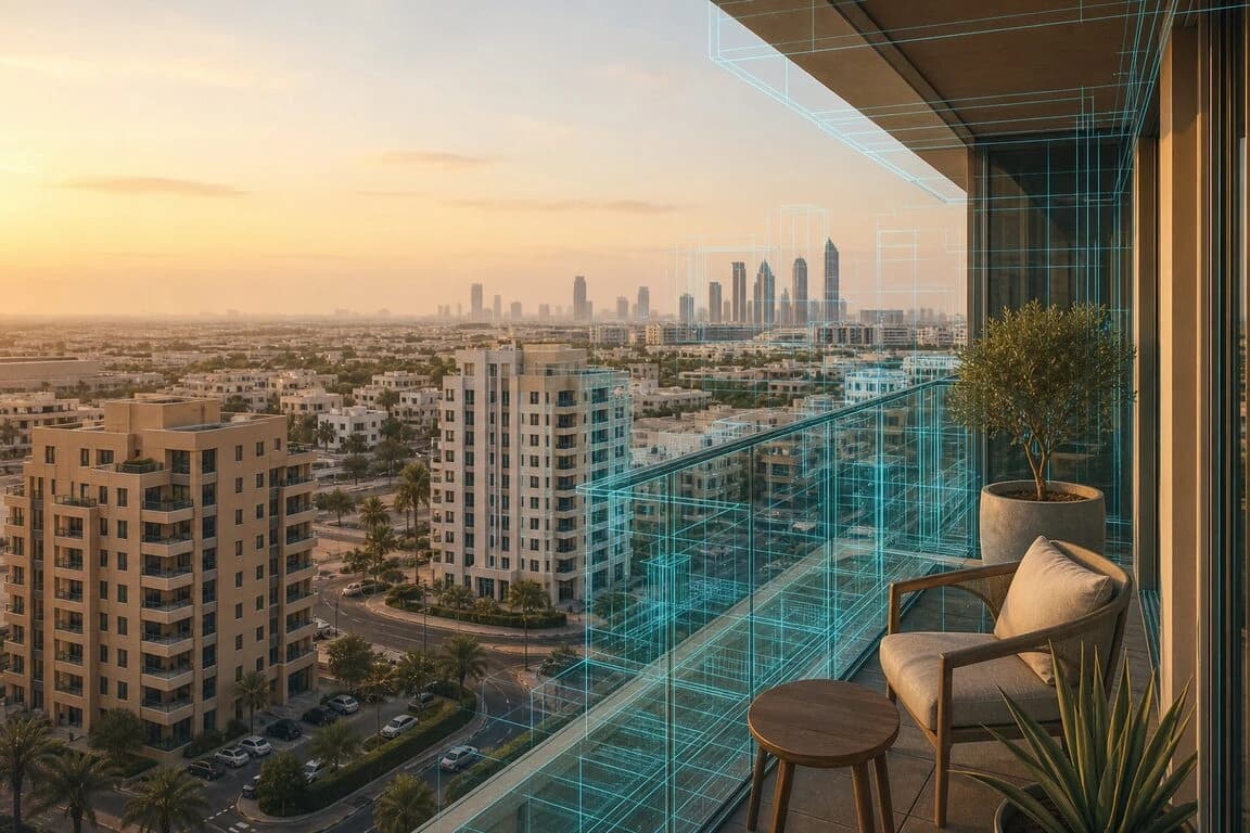 Jumeirah Village Circle Dubai community towers at golden hour