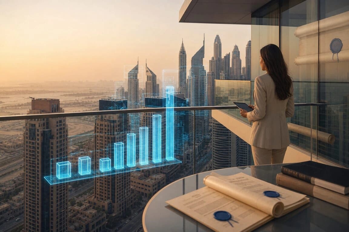 Dubai resale negotiation scene with comparable sales data on balcony glass