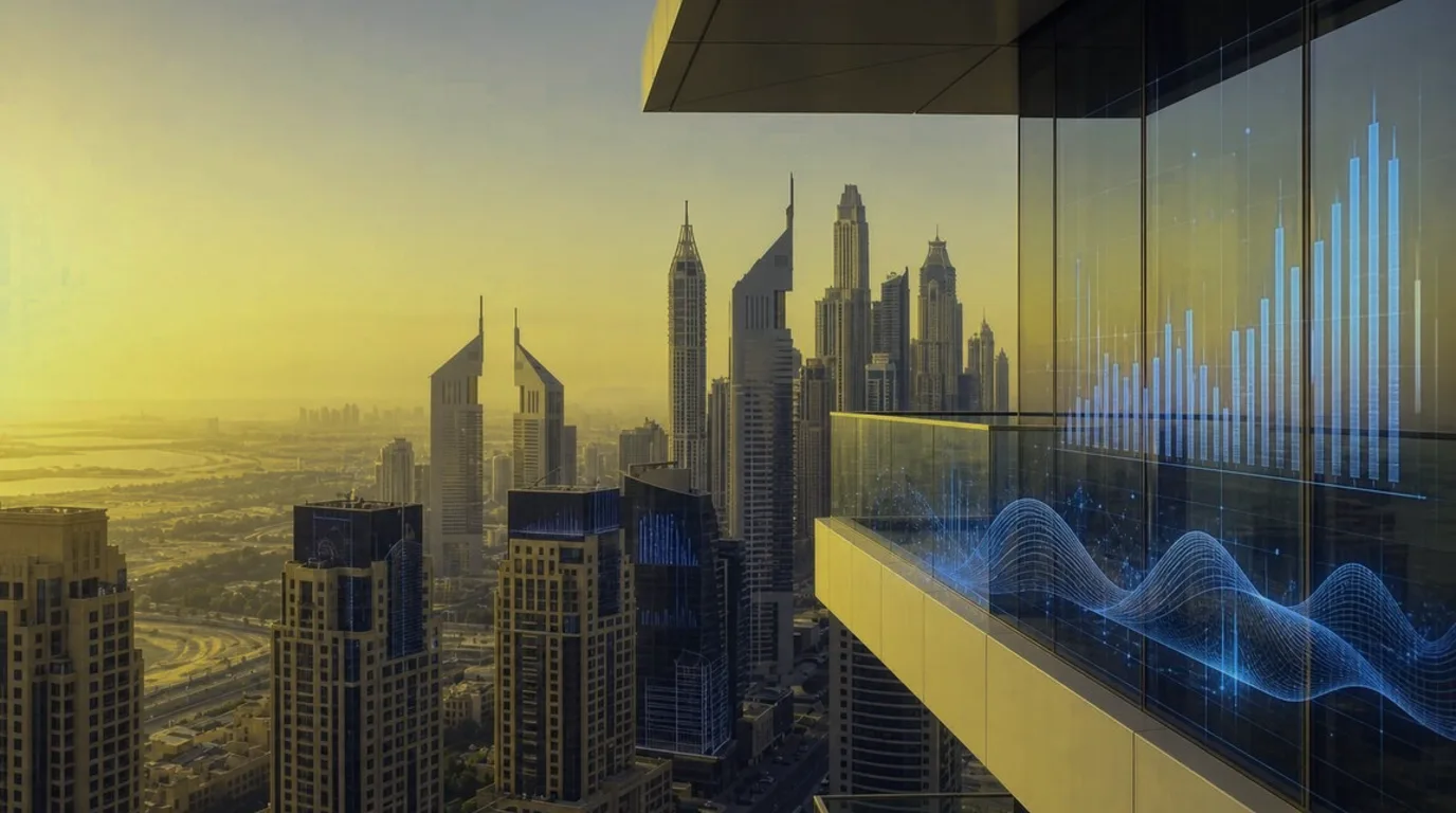 Frozen Dubai market liquidity metaphor on tower windows