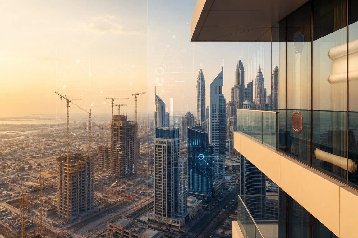 Split view of Dubai off-plan construction and completed ready towers
