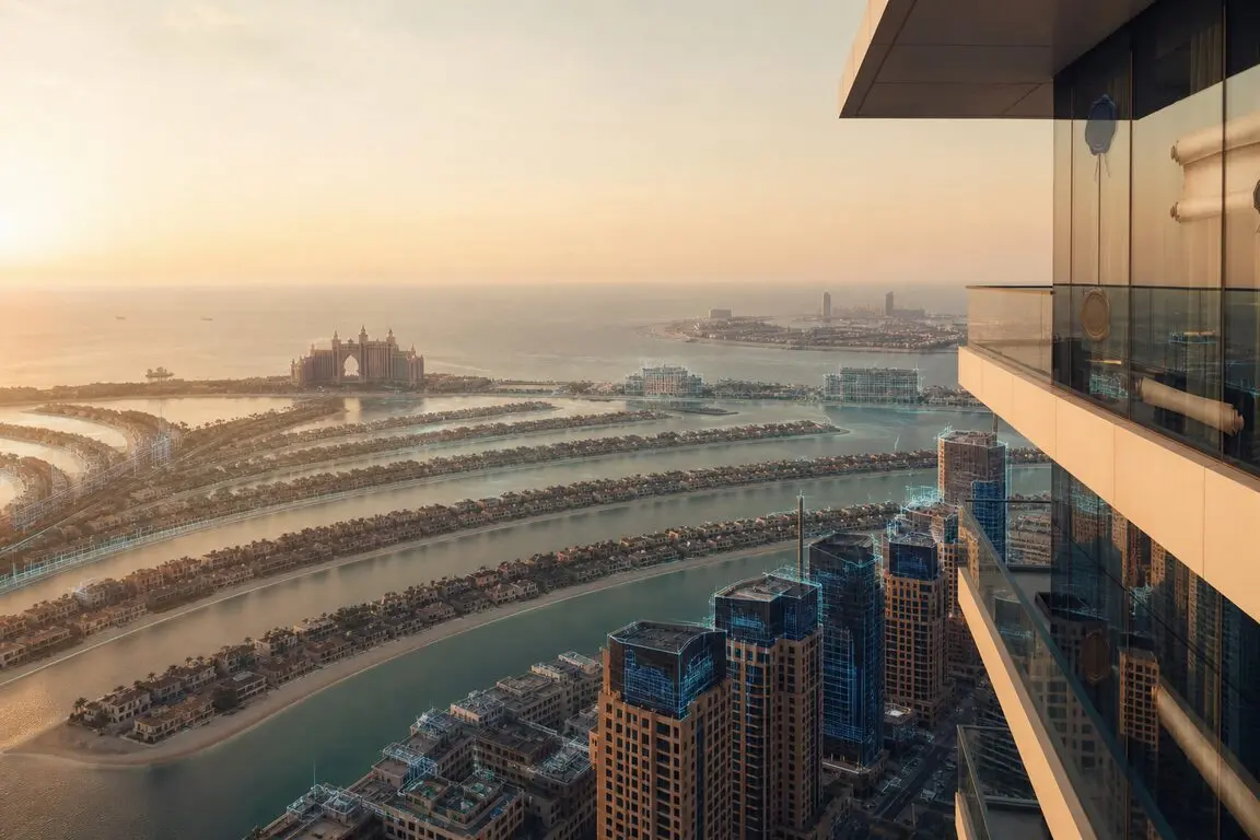 Palm Jumeirah fronds and Atlantis skyline aerial at golden hour