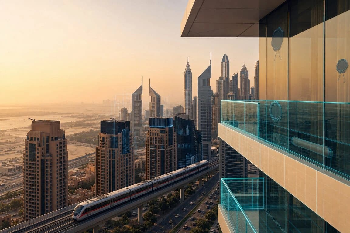 Dubai metro line with adjacent residential towers and data overlay
