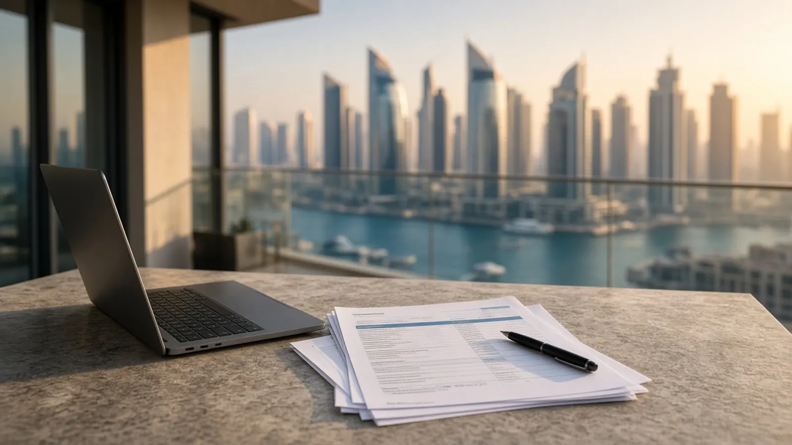 Dubai balcony with property letters and a laptop, Marina towers beyond the glass