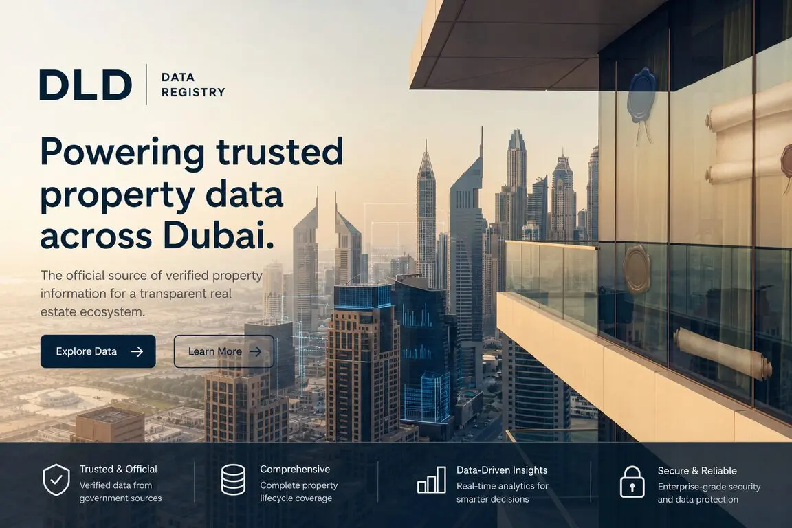 Dubai skyline with DLD registry and transaction data overlays on glass