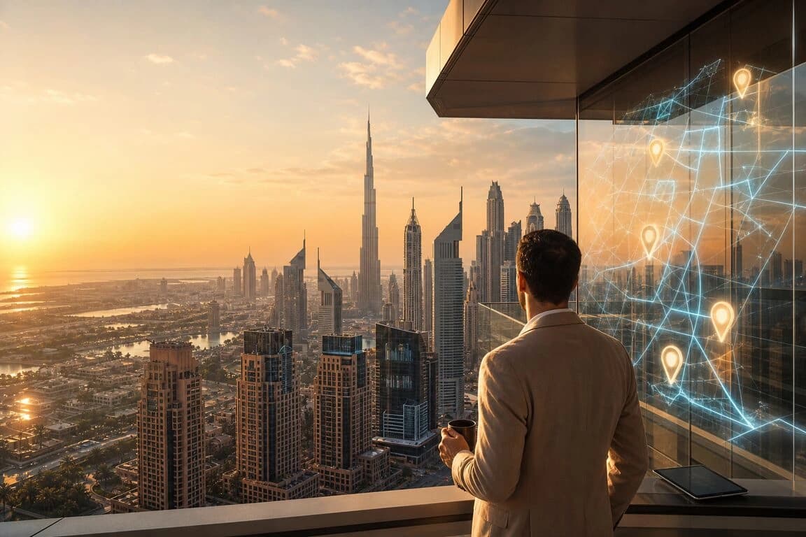 Dubai communities map overlay on panoramic skyline